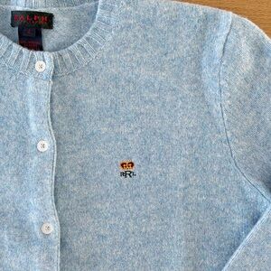 90’s Vintage Ralph Lauren Sky Blue Lamb Wool Crewneck Cardigan with Crown Emblem